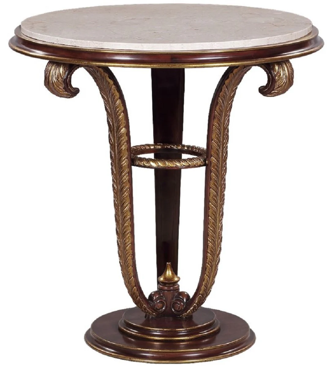 Luxury Baroque side table brown / gold / cream Ø 69 x H. 73 cm - Round mahogany table with marble top and decorative hand-carved feathers - Baroque living room furniture
