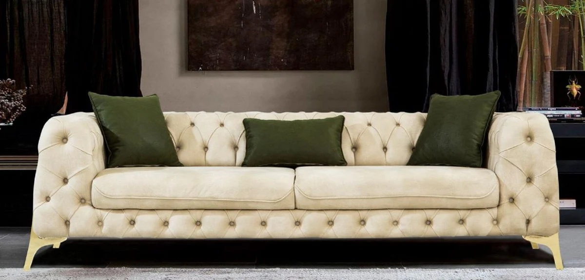 Luxury Chesterfield sofa bed cream / gold 250 x 95 x H. 72 cm - Modern living room sofa - Chesterfield living room furniture