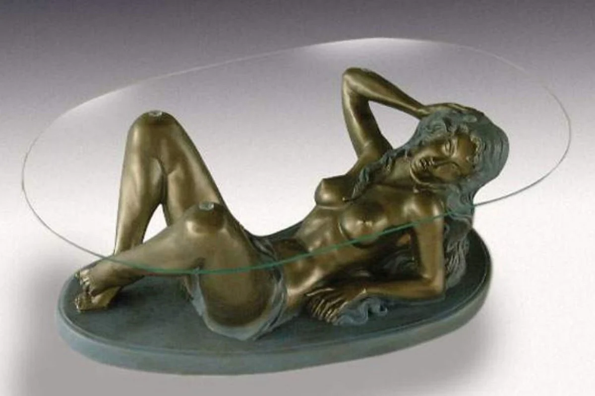 Art Nouveau coffee table woman antique brass / gray H. 45 cm - Elegant living room table with oval glass top - Baroque & Art Nouveau furniture