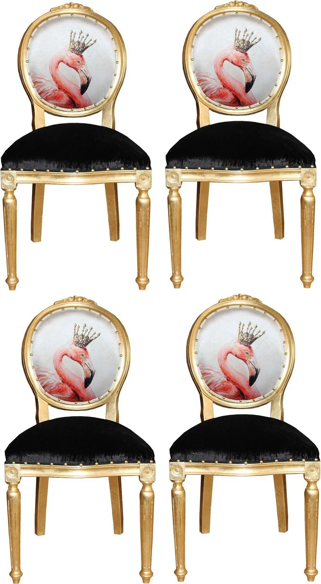 Luxury baroque dining room set flamingo with crown gold / black / multicolored 48 x 50 x H. 98 cm - 4 handmade dining chairs with bling bling glitter stones - baroque dining room furniture