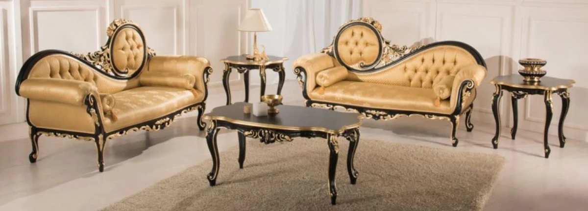 Luxus Barock Wohnzimmer Set Gold / Schwarz - 2 Sofas & 1 Couchtisch & 2 Beistelltische - Wohnzimmermöbel im Barockstil - Edle Barock Möbel