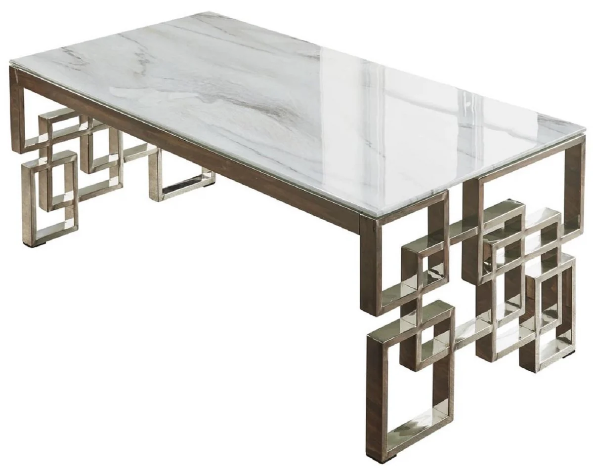 Luxury coffee table silver / white 120 x 60 x H. 45 cm - Rectangular living room table with stainless steel legs and marble glass table top - Luxury living room furniture