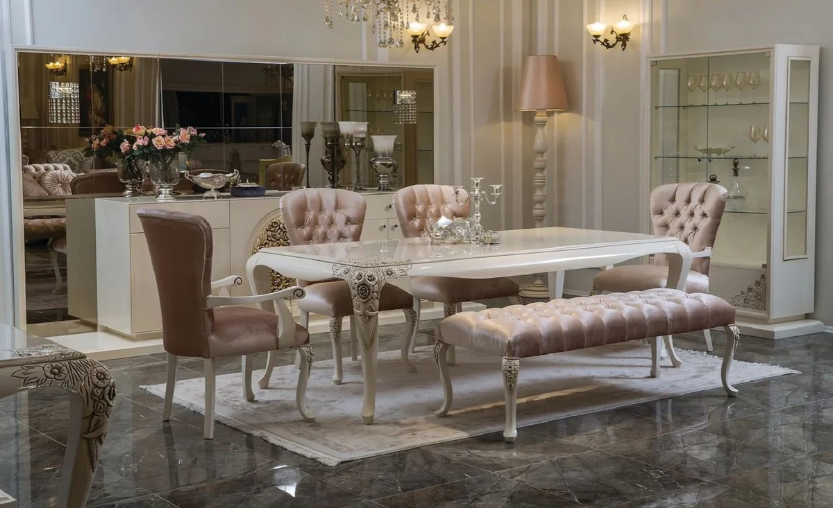 Luxury Baroque Dining Room Set Pink / White / Beige - 1 Dining Room Table & 4 Dining Chairs & 1 Bench - Baroque Dining Room Furniture