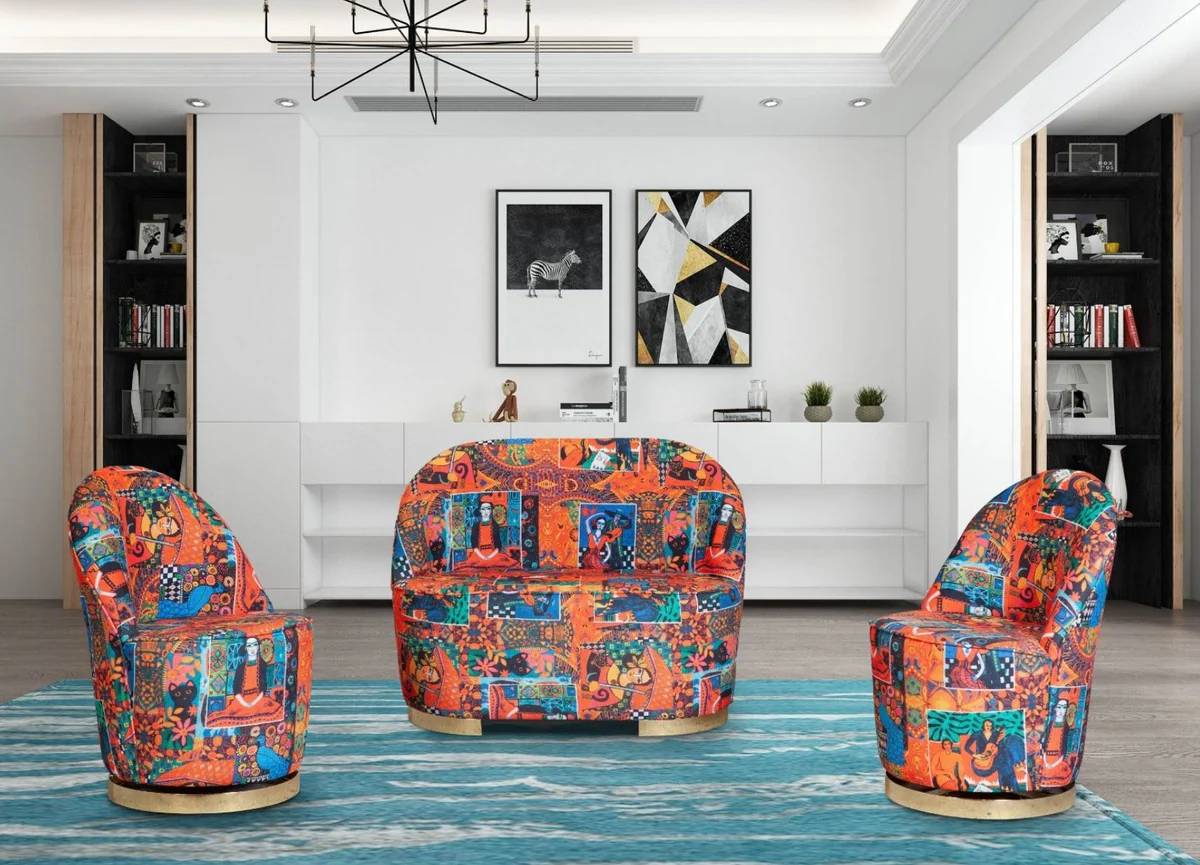 Designer Art Deco living room 2-seater sofa multicolored / gold 105 x 52 x H. 80 cm - Living room furniture - Art Deco furniture