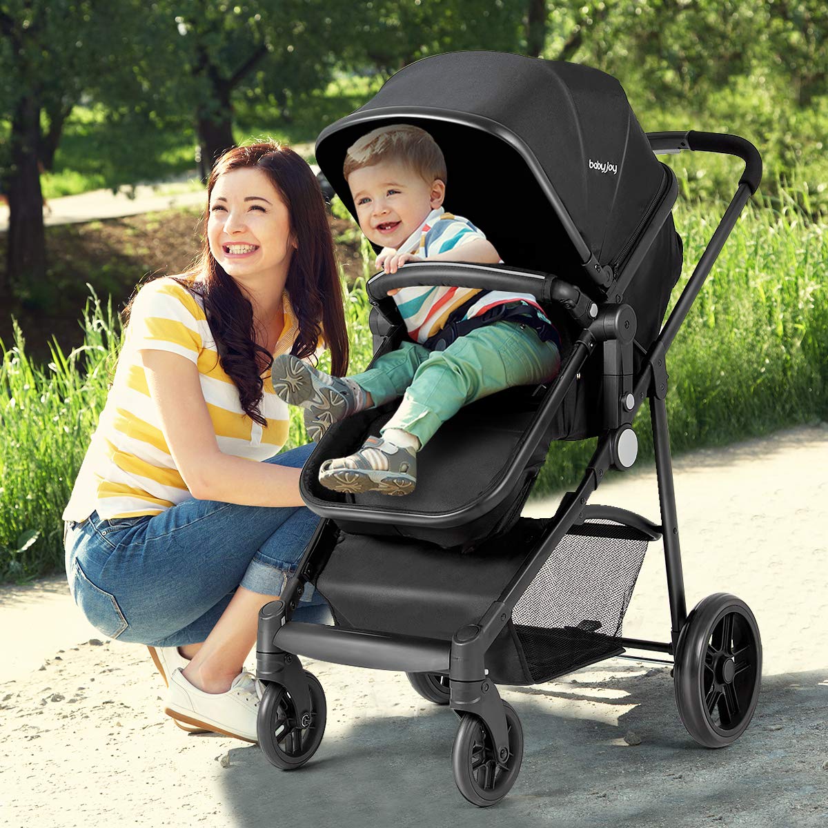 Kinderwagen, umwandelbarer Hochformat-Kinderwagen mit Stubenwagen, verstellbares Verdeck und Rückenlehne, Aufbewahrungskorb, Getränkehalter, faltbarer Kinderwagen für Neugeborene (Rosa)