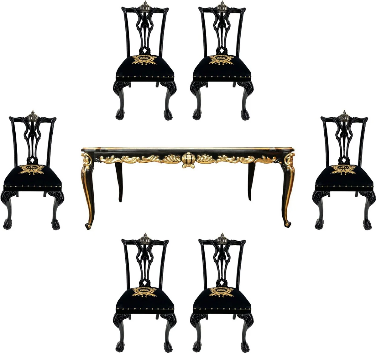 Pompöös by Baroque luxury dining room set black / gold - Pompöös Baroque dining table with glass top and 6 Baroque dining room chairs designed by Harald Glööckler - Baroque furniture