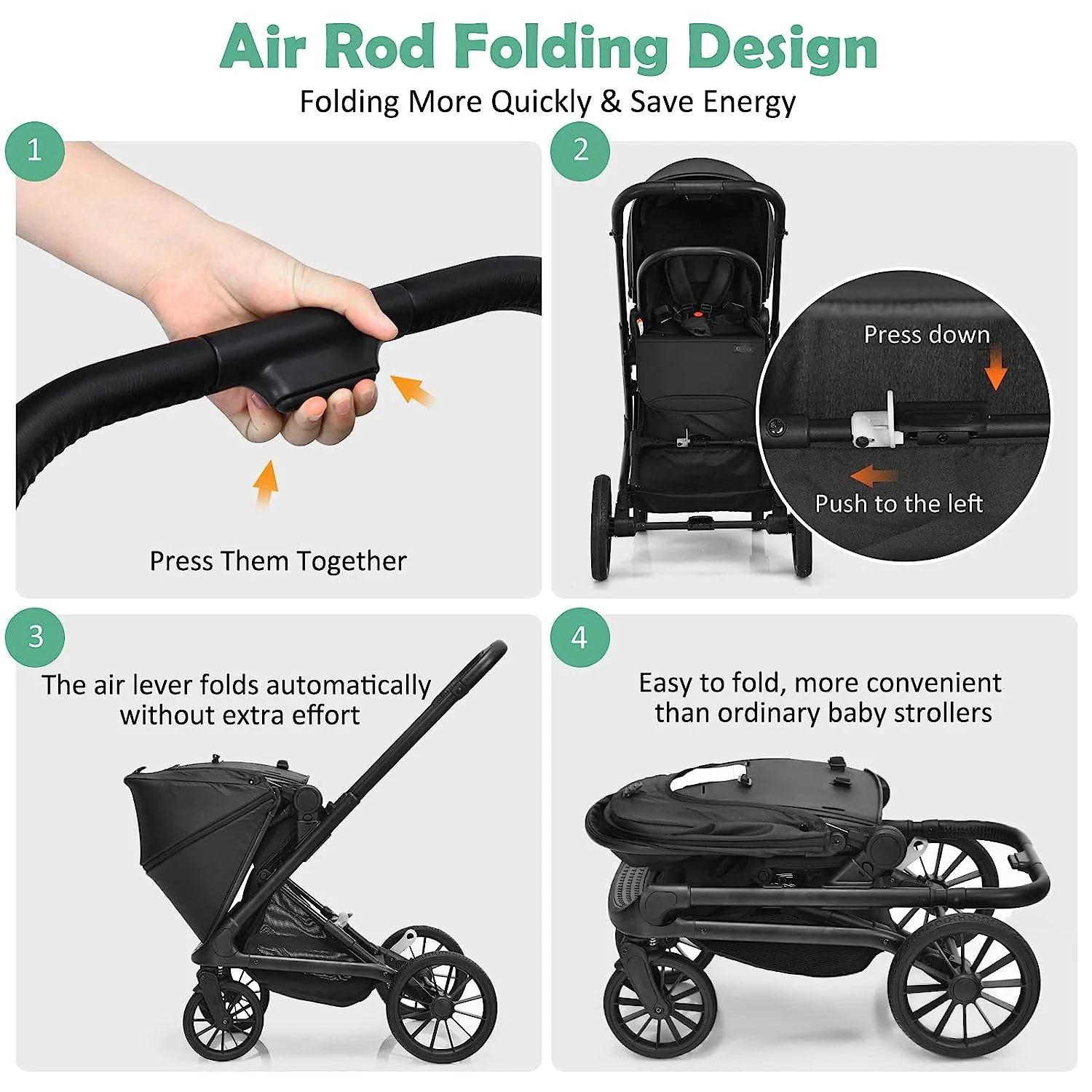 Kinderwagen, umkehrbarer Stubenwagen für Neugeborene, einhändig faltbarer, schnell zusammenklappbarer Kinderwagen mit Aluminiumrahmen, verstellbarem Verdeck, 5-Punkt-Sicherheitsgurt für Säuglinge und Kleinkinder (schwarz)