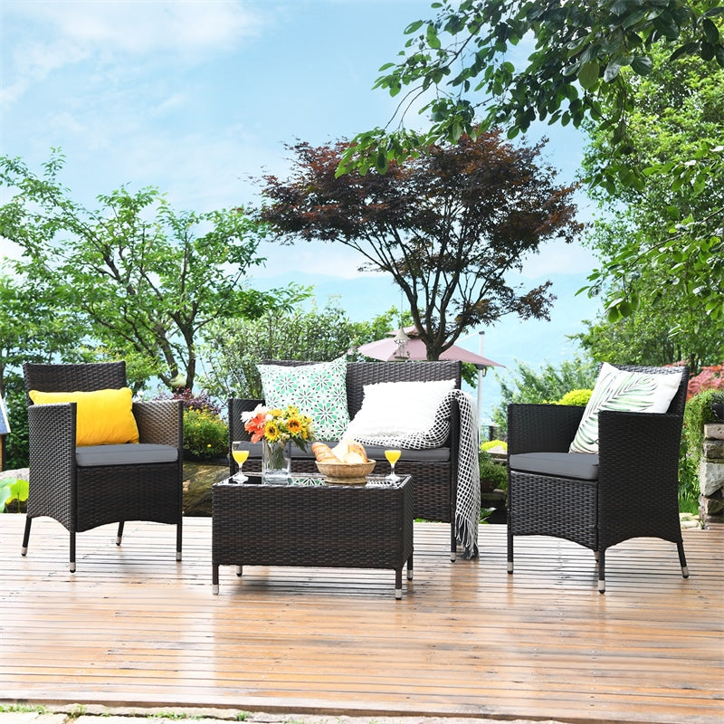 4 Stk Outdoor Rattan Patio Conversation Set Wicker Möbel Set mit Kaffeetisch und Kissen Sofas
