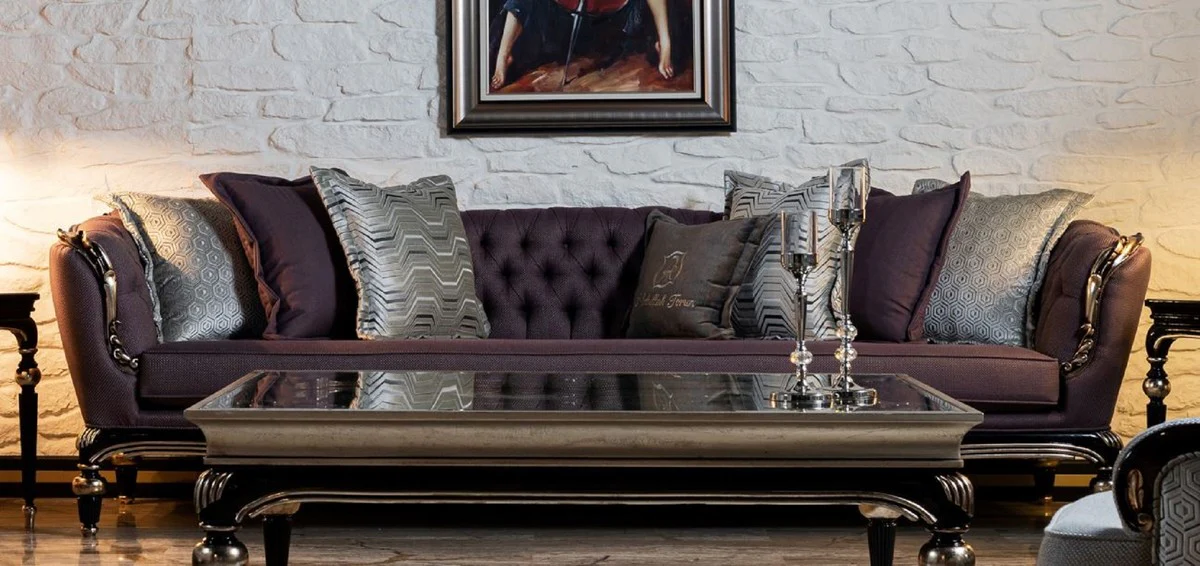 Luxury Baroque Sofa Purple / Black / Silver - Handmade Living Room Sofa - Baroque Living Room Furniture