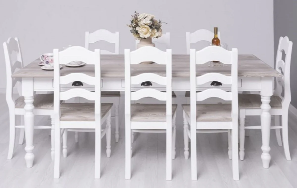 Country house style dining chairs set of 8 white / natural colors 44 x 44 x H. 102 cm - Solid wood dining room chairs in country house style - Solid wood dining room furniture - Country house style dining room furniture