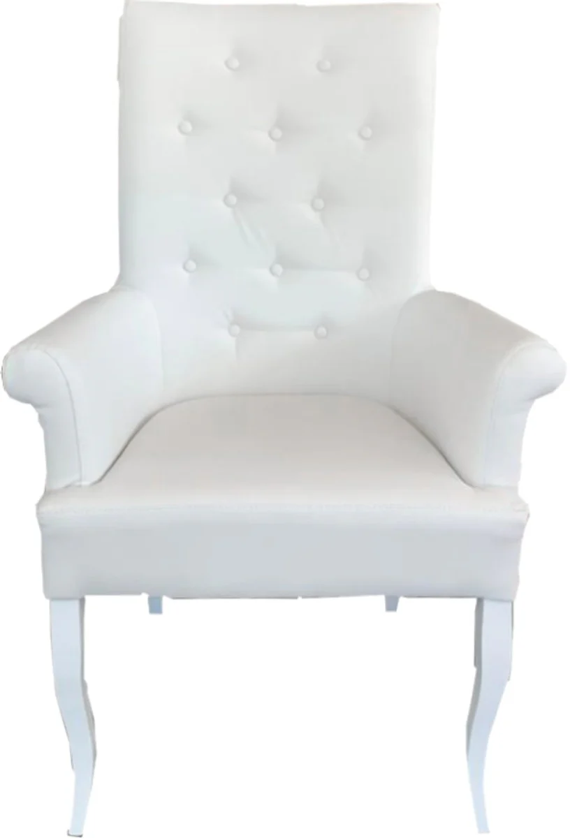 Chesterfield Neo Baroque Dining Chair White / White Faux Leather with Armrests - Baroque Furniture