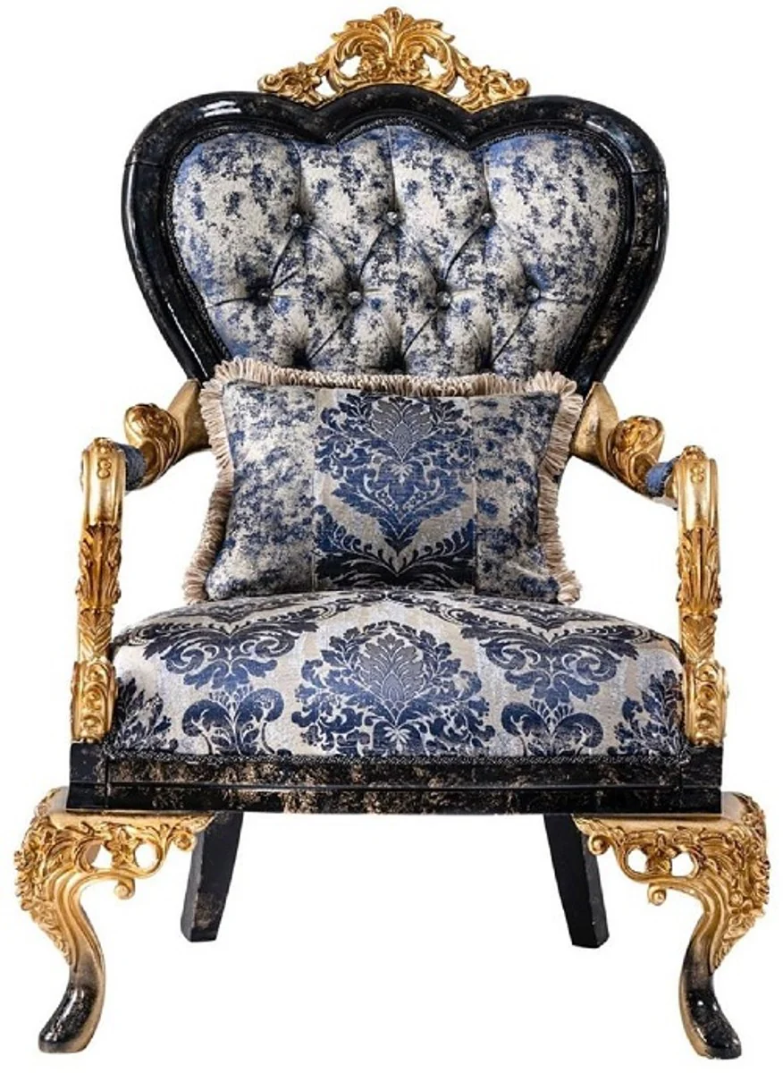 Luxury Baroque Living Room Set Blue / Black / Gold - 2 Baroque Sofas & 2 Baroque Armchairs & 1 Baroque Coffee Table - Luxury Living Room Furniture in Baroque Style - Baroque Furniture - Noble & Magnificent