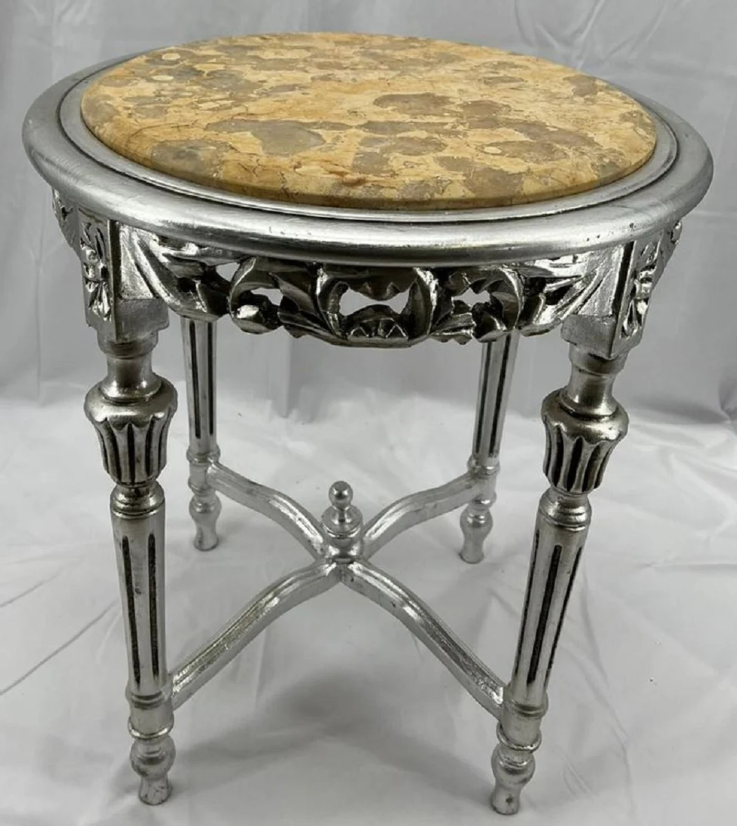 Baroque side table silver / cream - handmade antique style solid wood table with marble top - living room furniture in baroque style - antique style furniture - baroque furnishings - baroque furniture