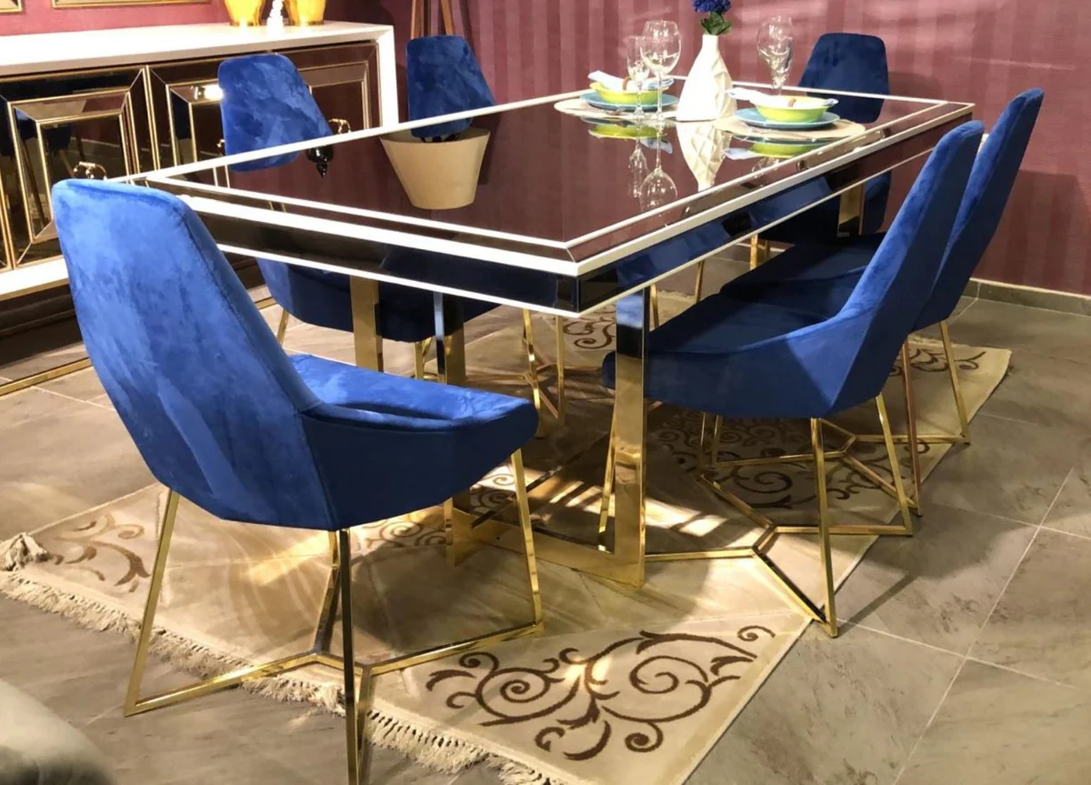 Luxury Dining Room Set Blue / White / Gold - 1 Dining Room Table & 6 Dining Chairs - Luxury Dining Room Furniture