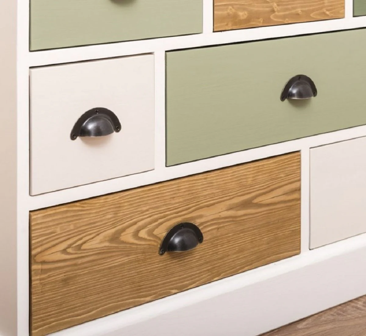 Country house style chest of drawers white / green / natural colors 180 x 48 x H. 95 cm - solid wood cabinet with 19 drawers - country house style furniture - furniture in country house style - country house style furnishings