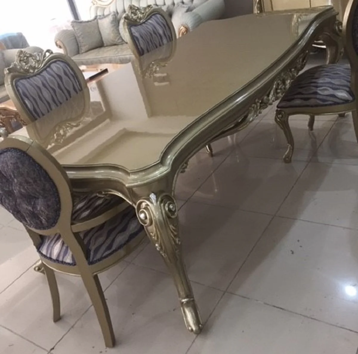 Luxury Baroque Dining Room Set Blue / Gold / Silver - 1 Baroque Dining Table & 6 Baroque Dining Chairs - Luxury Dining Room Furniture in Baroque Style - Magnificent Baroque Dining Room Furniture