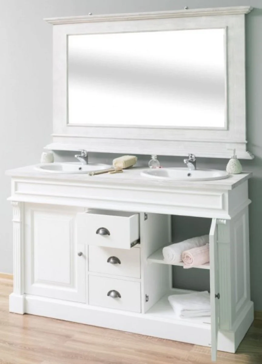 Country house style bathroom set white / light gray - 1 double washbasin & 1 wall mirror - solid wood bathroom furniture in country house style