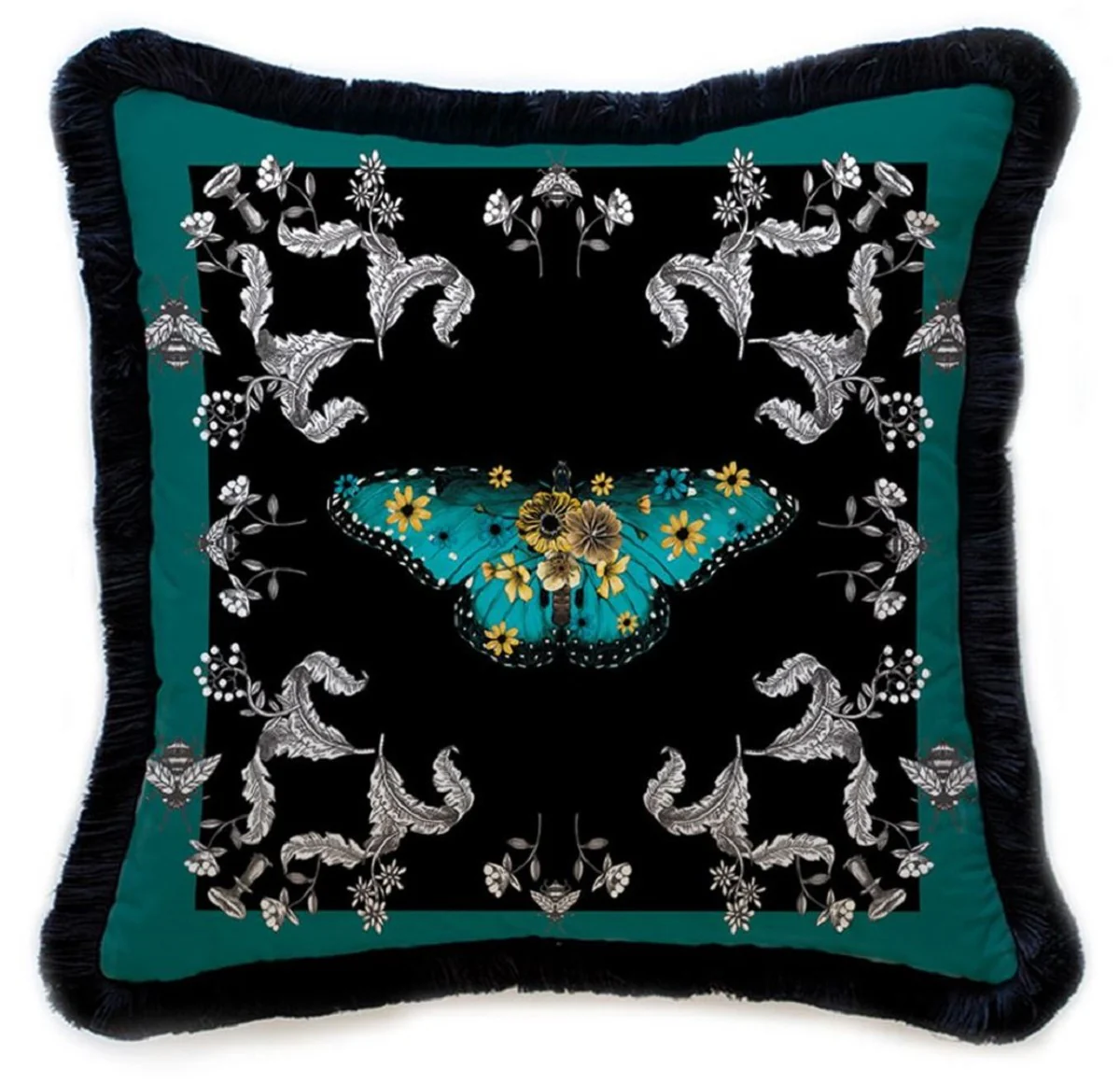 Luxury decorative cushion butterfly & flowers multicolored / black 45 x 45 cm - printed velvet cushion with fringes - luxury decorative accessories