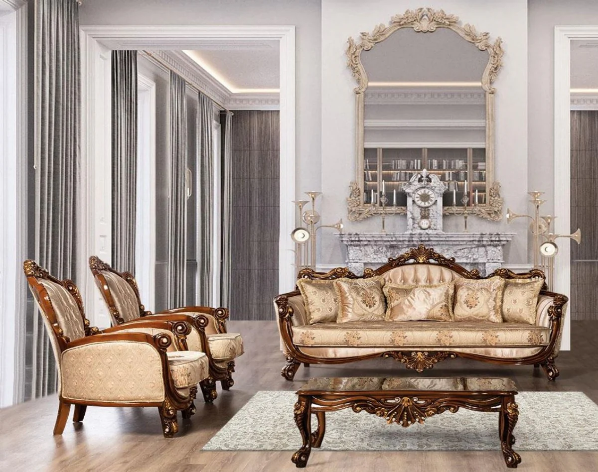 Luxury Baroque Sofa Beige / Brown / Gold - Magnificent Living Room Sofa with Elegant Pattern - Baroque Furniture - Noble & Magnificent
