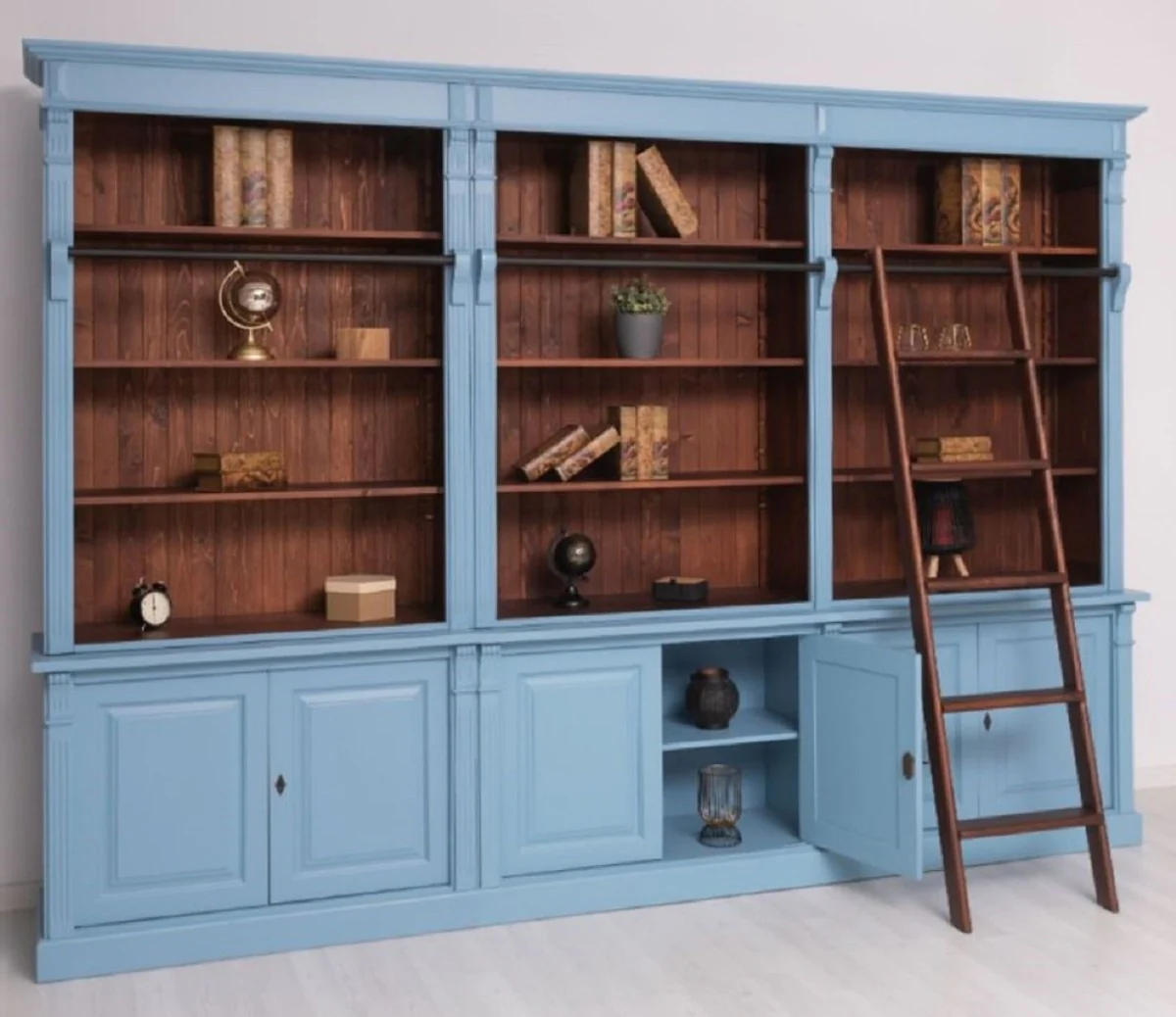 Country house style bookcase with ladder light blue / dark brown 223 x 51 x H. 228 cm - solid wood cabinet - living room cabinet - shelf cabinet - office cabinet - country house style furniture