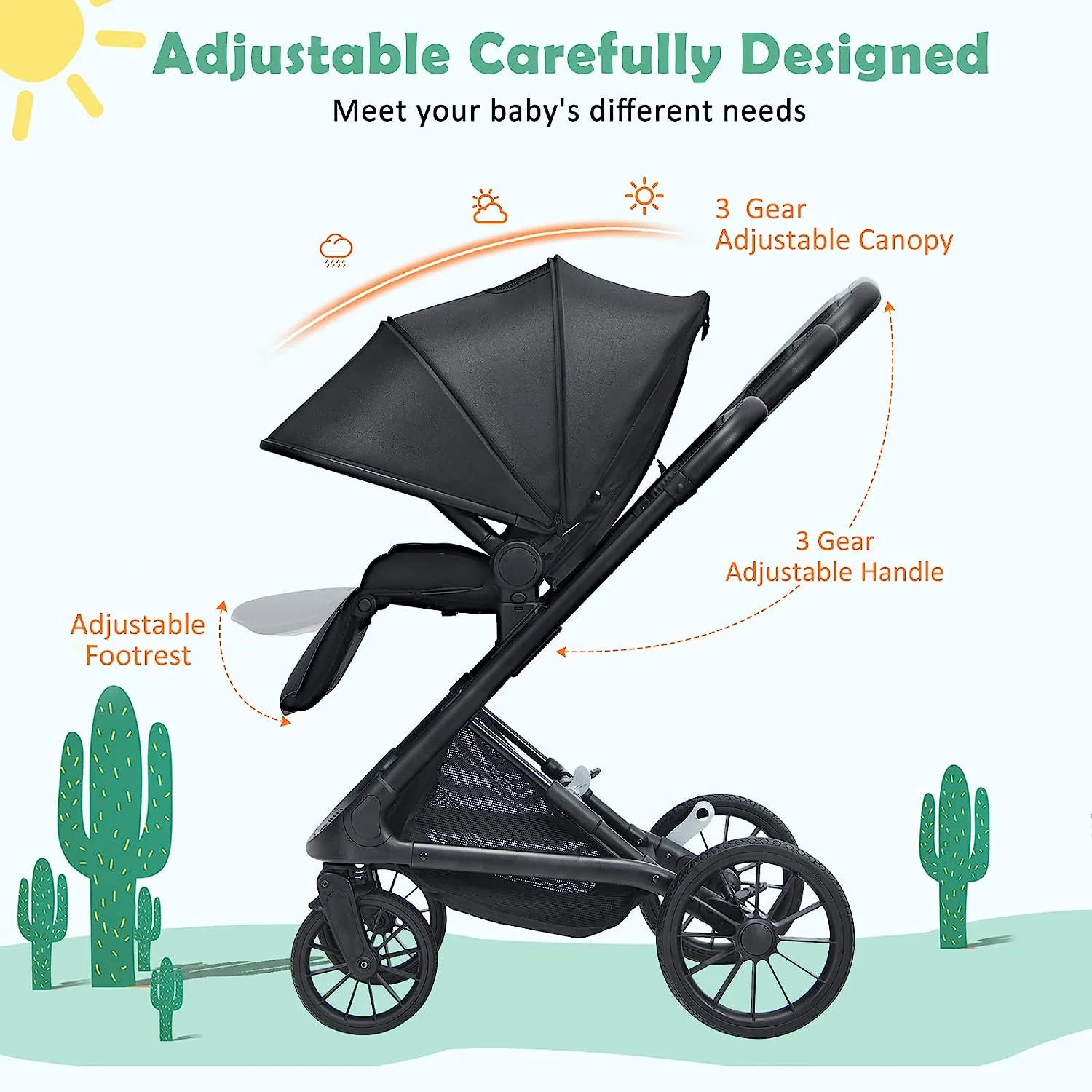 Kinderwagen, umkehrbarer Stubenwagen für Neugeborene, einhändig faltbarer, schnell zusammenklappbarer Kinderwagen mit Aluminiumrahmen, verstellbarem Verdeck, 5-Punkt-Sicherheitsgurt für Säuglinge und Kleinkinder (schwarz)