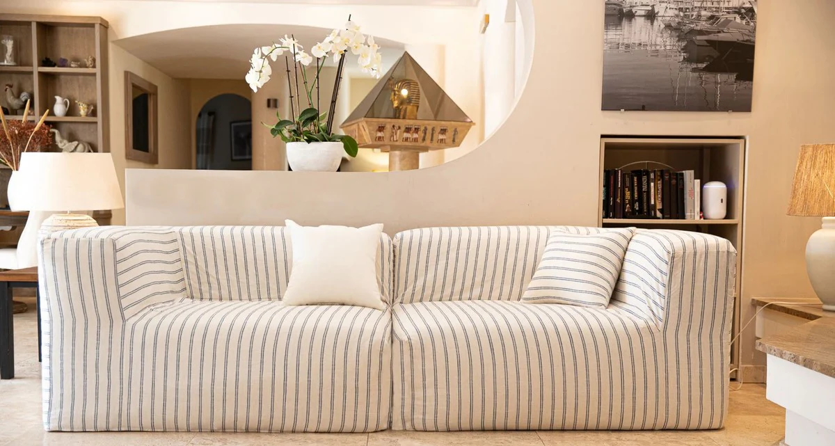 Luxury living room sofa with stripes white / blue 250 cm