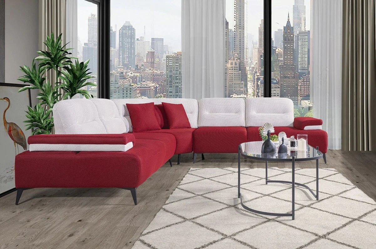 Luxury corner sofa Bordeaux red / white / gray 310 x 310 cm - living room sofa