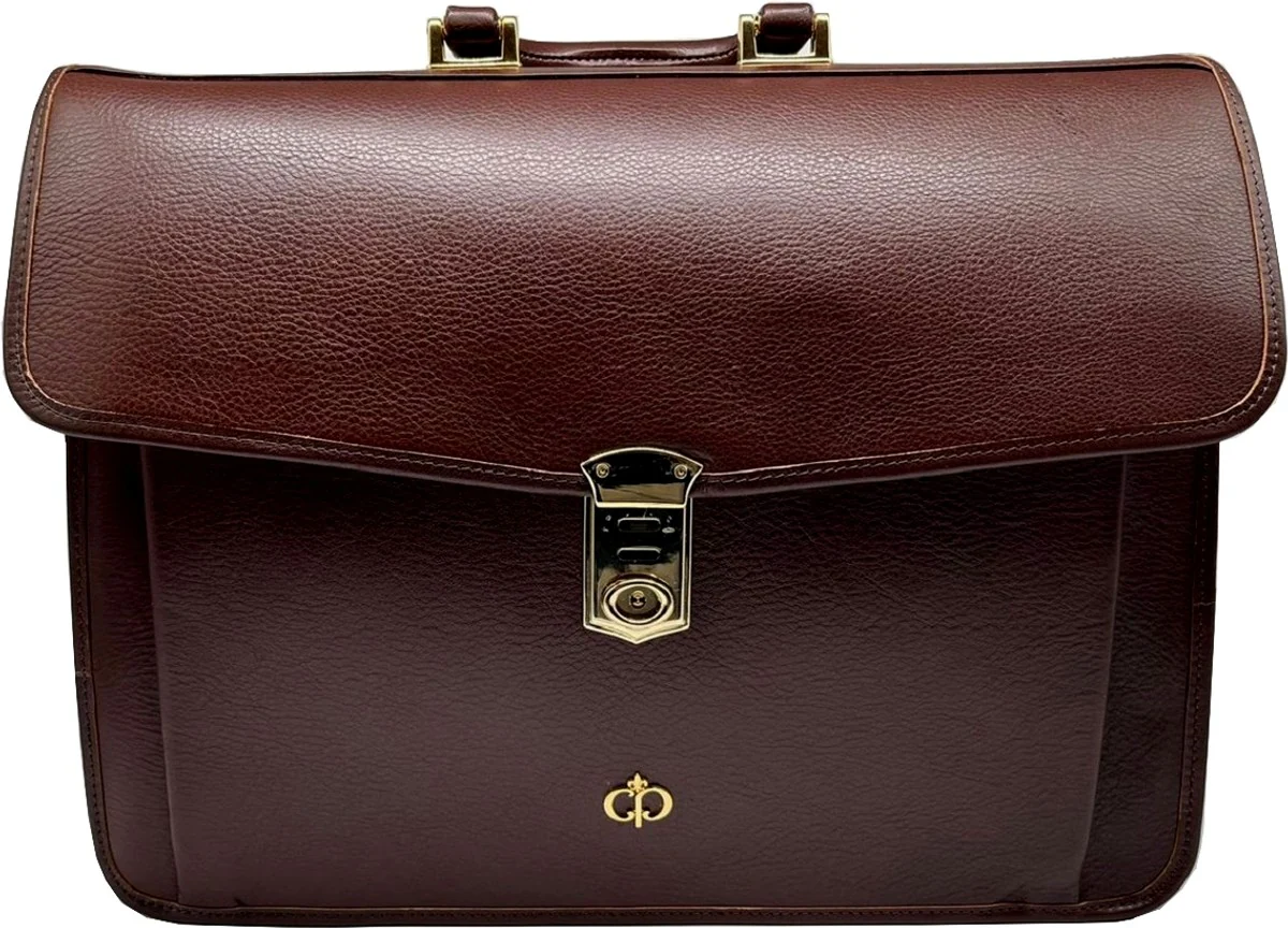 Luxus Echtleder Herren Aktentasche Dunkelbraun / Gold 42 cm - Made in Italy