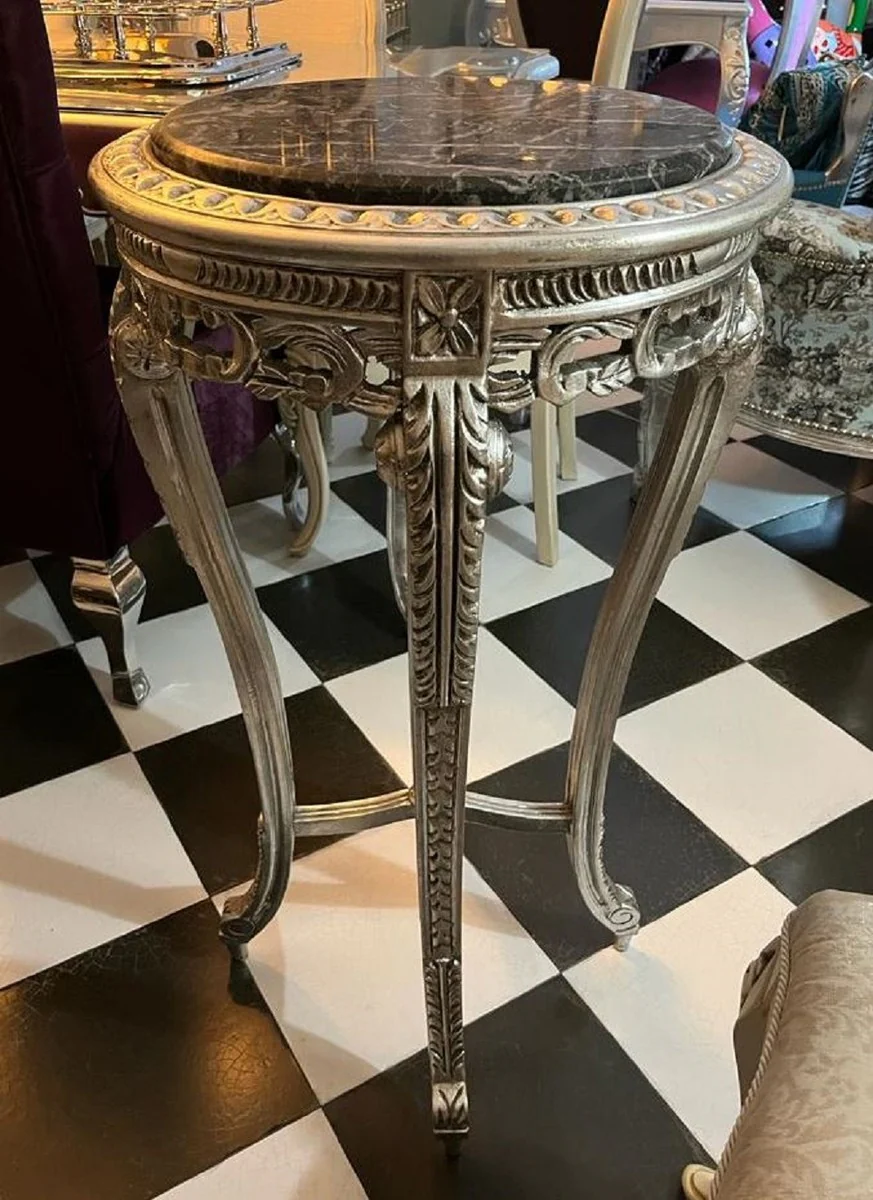 Baroque side table silver / black - round solid wood table with marble top in baroque style - living room furniture in baroque style - baroque furniture
