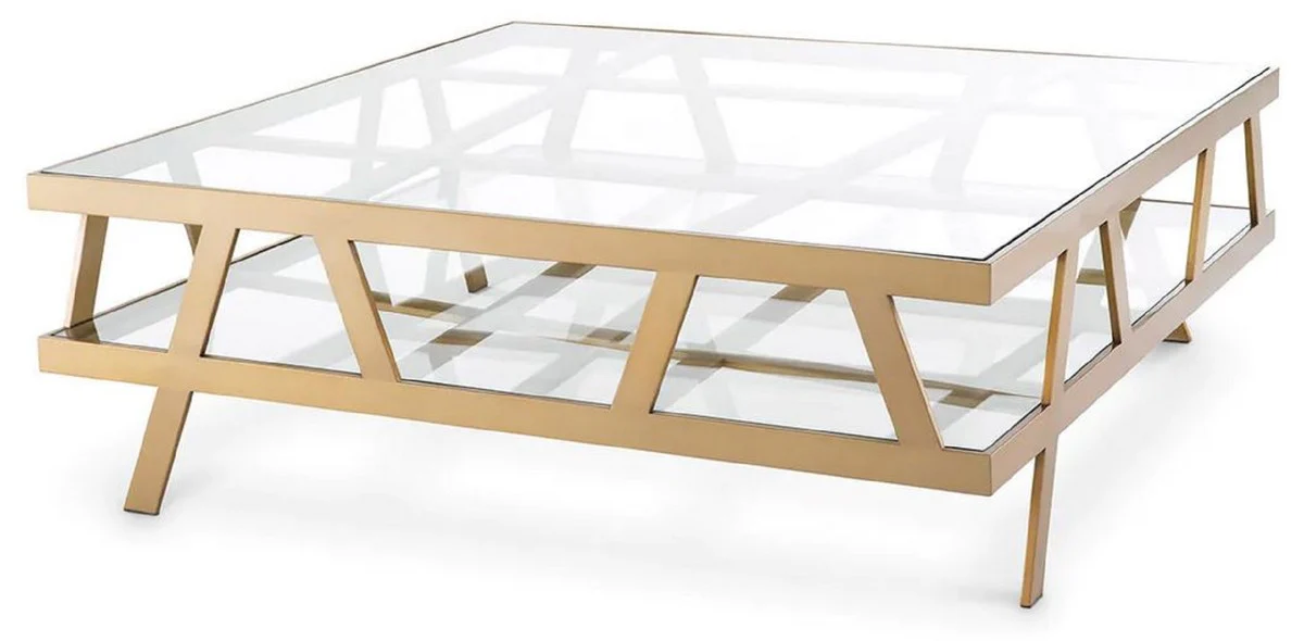 Luxury coffee table brass 110 x 110 x H. 37 cm - Square stainless steel living room table with glass tops - Living room furniture - Hotel furniture - Luxury furniture - Luxury quality