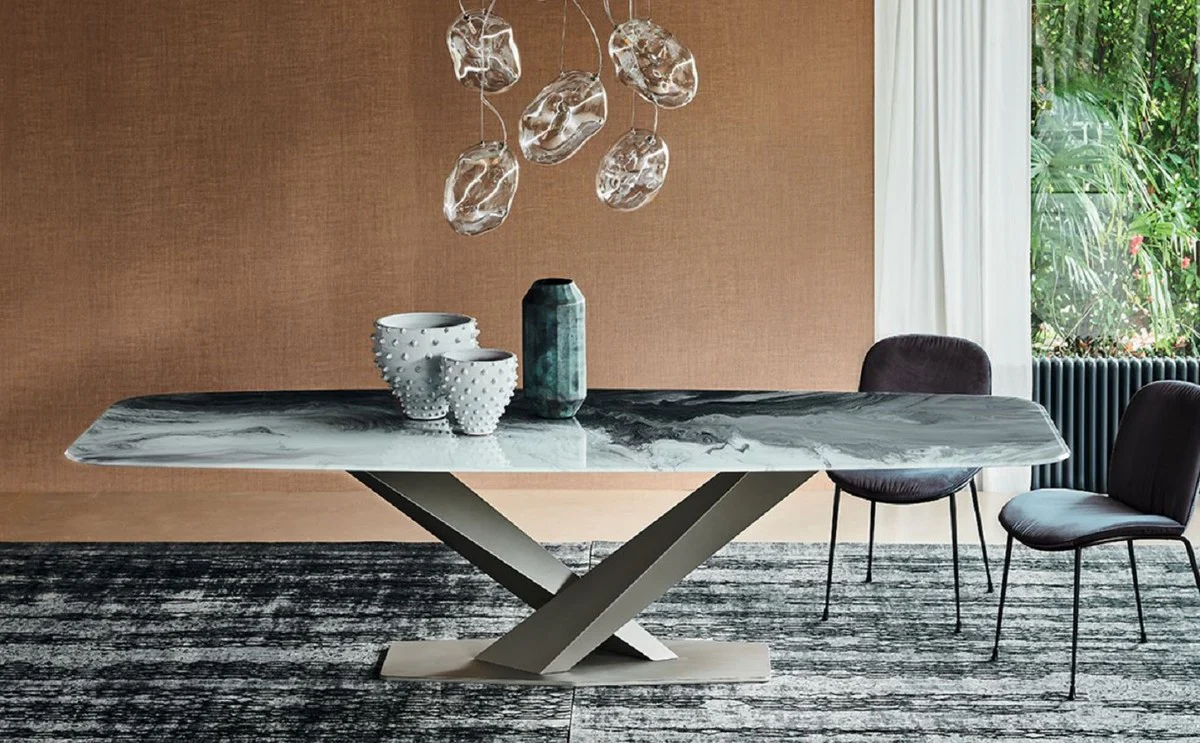 Luxury dining table multicolored / titanium colors 300 x 120 x H. 75 cm - Modern dining room table with glass top - Luxury dining room furniture - Luxury quality - Made in Italy