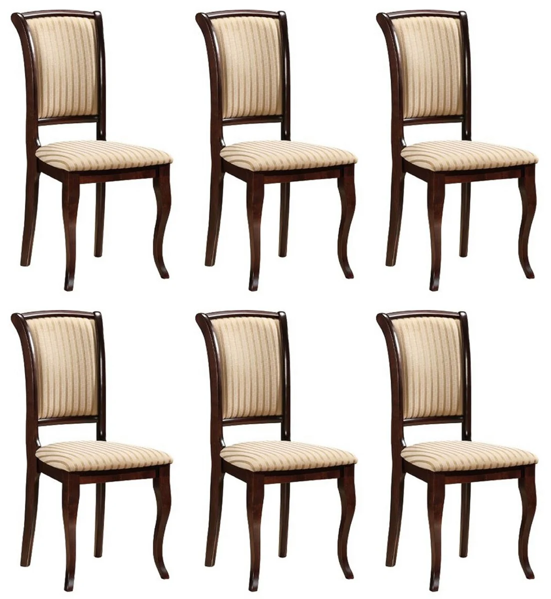 Art Nouveau dining room chair set of 6 cream / gold / dark brown 44 x 44 x H. 96 cm - Elegant solid wood kitchen chairs with stripes - Baroque & Art Nouveau dining room furniture
