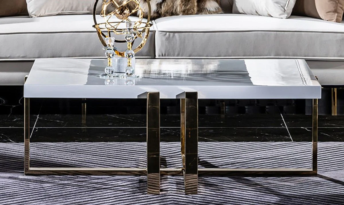 Luxury coffee table white / gold 120 x 80 x H. 45 cm - Rectangular living room table with solid wood table top and metal legs - Living room furniture - Luxury furniture - Hotel furniture