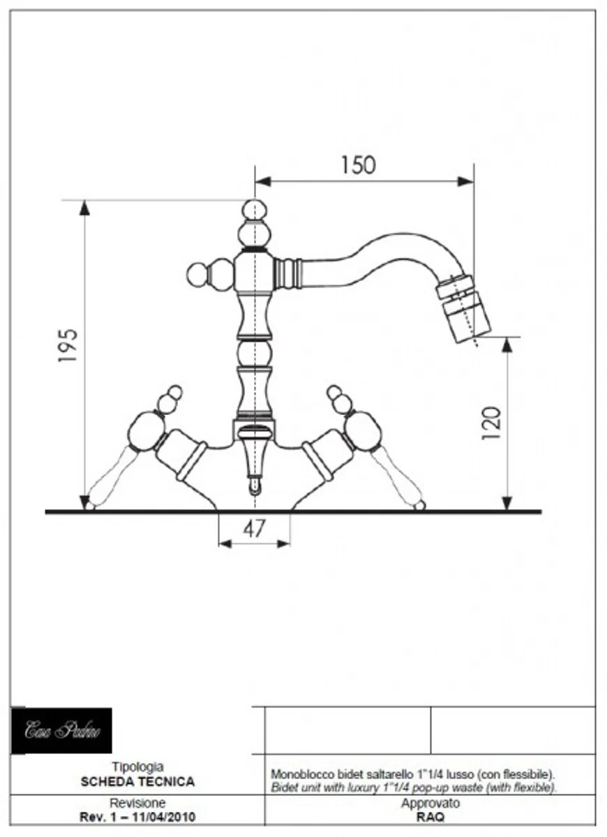 Luxury bathroom accessories - Art Nouveau retro bidet fitting single hole mixer old gold / bronze series Milano - Made in Italy
