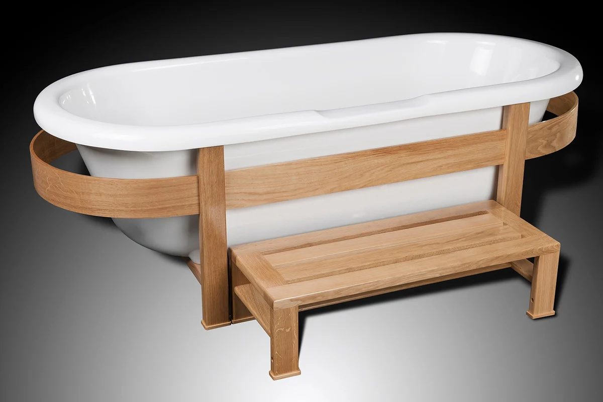 Luxury retro bathtub white / natural colors 178 x 76 x H. 73 cm - Freestanding bathtub with wooden frame and step - Retro bathroom furniture