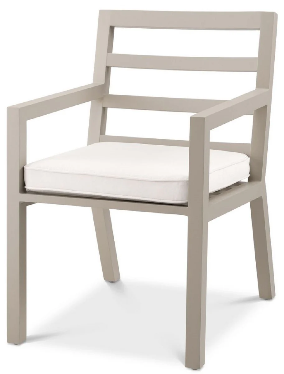 Luxury dining room chair with armrests sand color / white 56 x 66.5 x H. 87 cm - weatherproof aluminum chair with seat cushion - garden patio chair - luxury quality