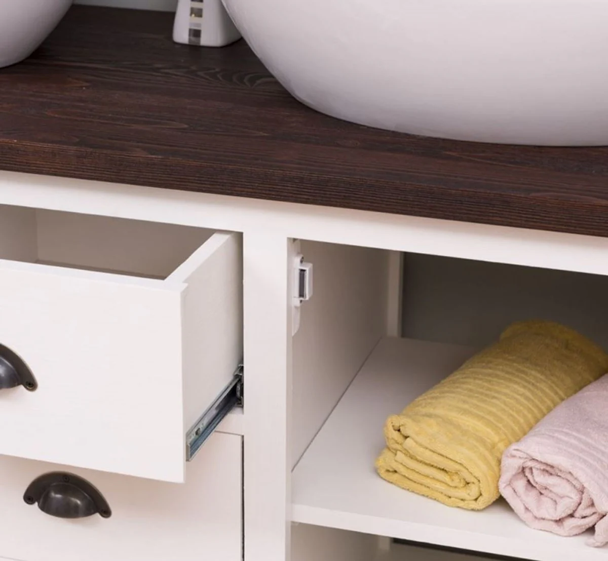 Country house style bathroom set white / dark brown - 1 double washbasin & 2 wall mirrors - solid wood bathroom furniture in country house style