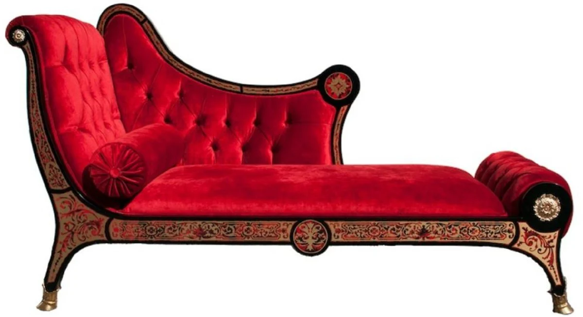Luxury Baroque Boulle Chaise Longue Red / Black / Gold 180 x 75 x H. 106 cm - Handcrafted solid wood chaise longue with elegant velvet fabric - Baroque furniture - Luxury quality