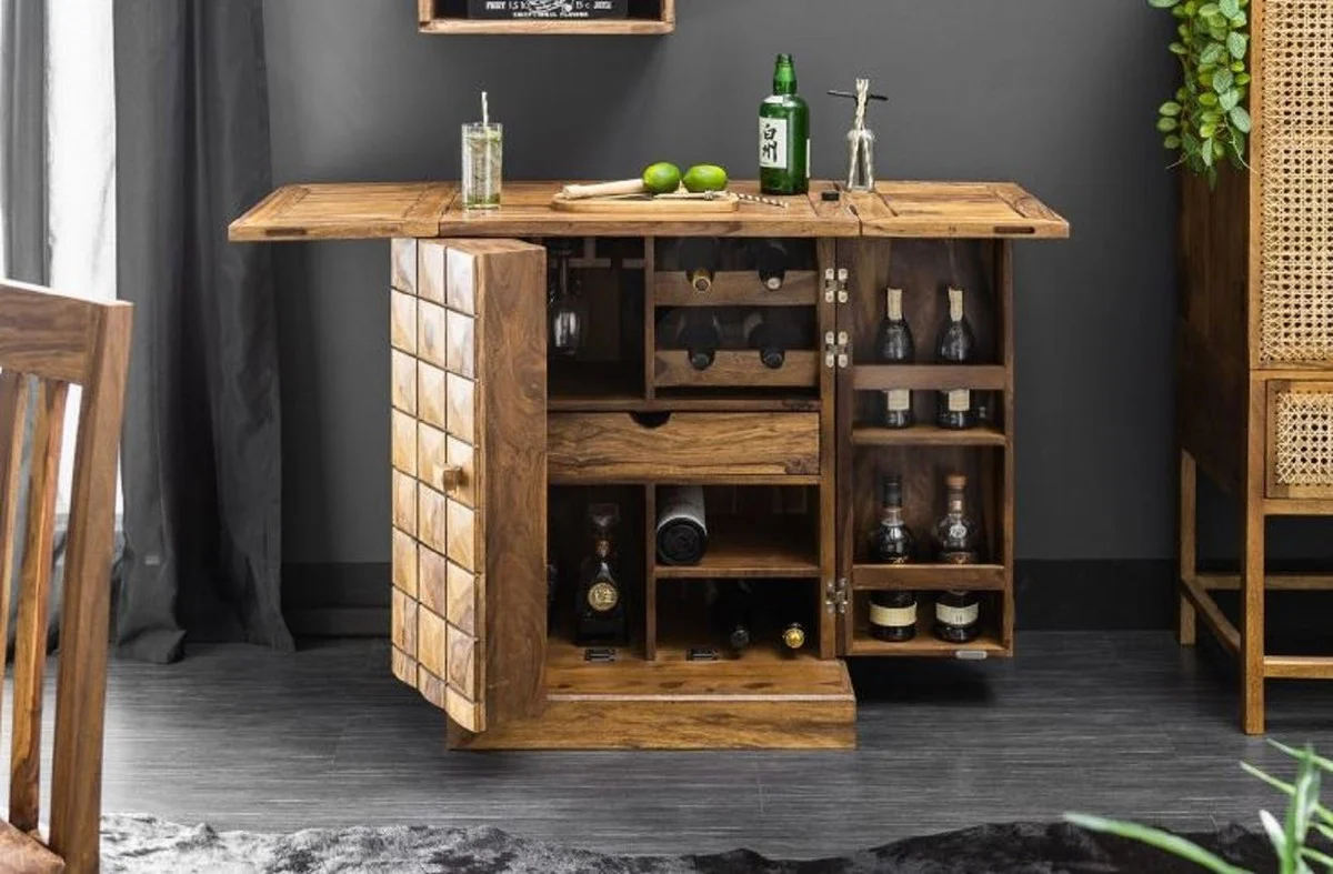 Designer bar cabinet natural colors / brown 65-130 x 50 x H. 90 cm - Modern solid wood wine cabinet with 2 doors and drawer - Bar furniture