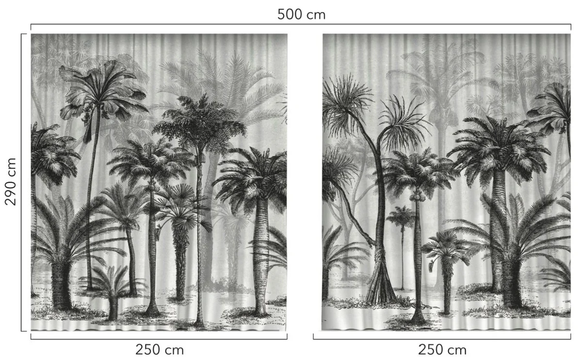 Luxury curtain set palm trees gray / black 250 x H. 290 cm - Printed linen & velvet curtains - Eyelet curtains - Sliding curtains - Luxury decorative accessories