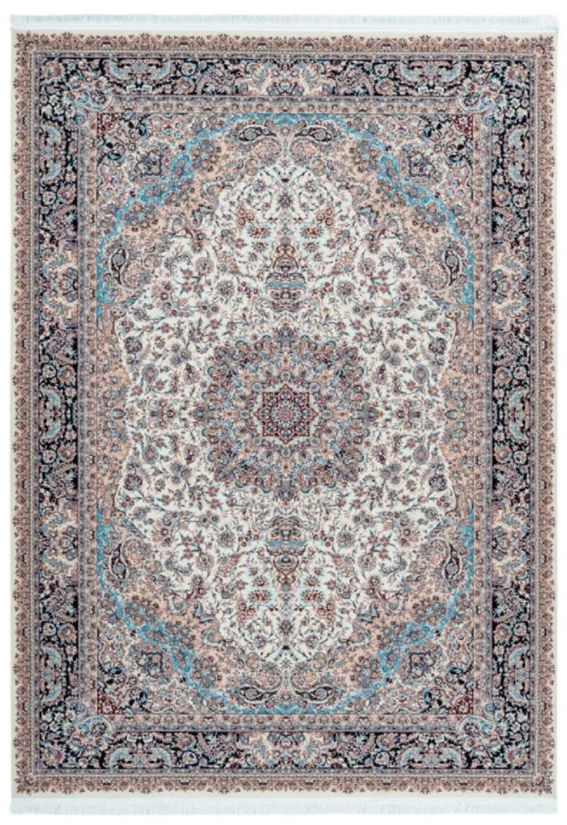 Luxus Kunstfaser Teppich mit Fransen Elfenbeinfarben / Mehrfarbig - Verschiedene Größen - Rechteckiger Wohnzimmer Teppich im Orientalischen Stil