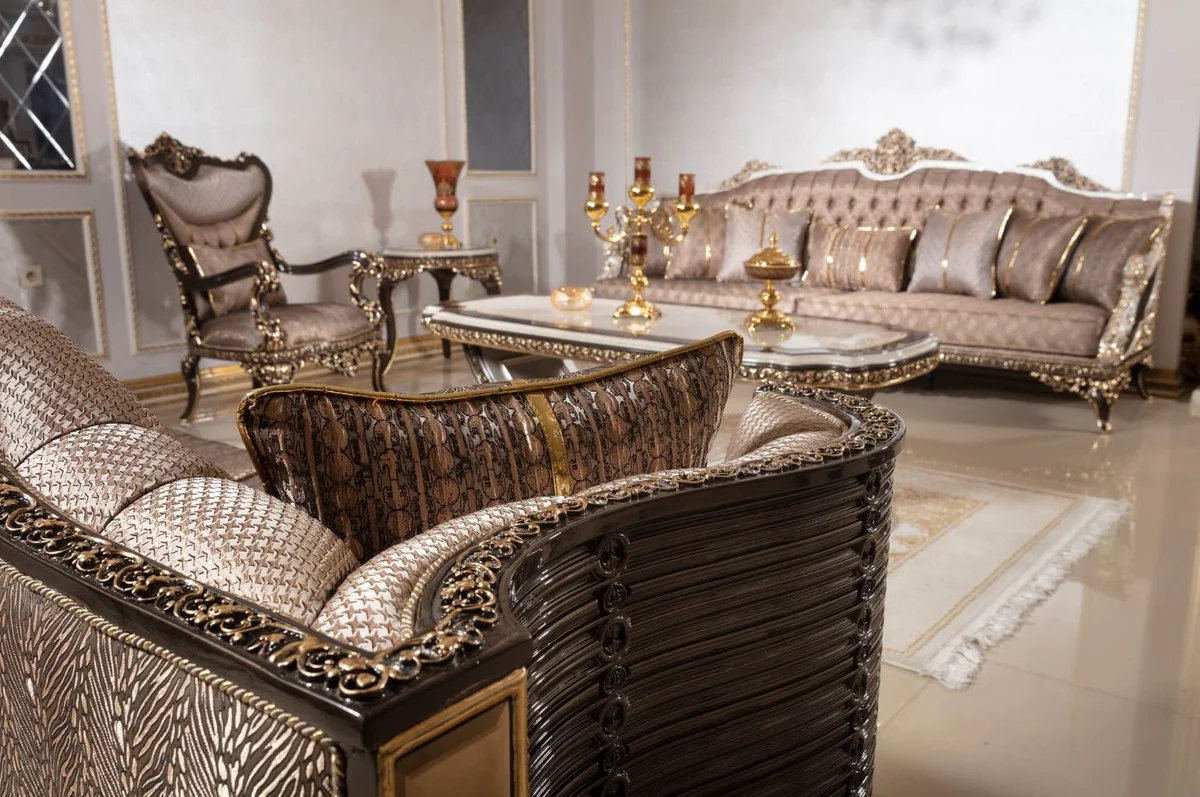 Luxury Baroque Sofa Gray / White / Dark Brown / Gold 255 cm