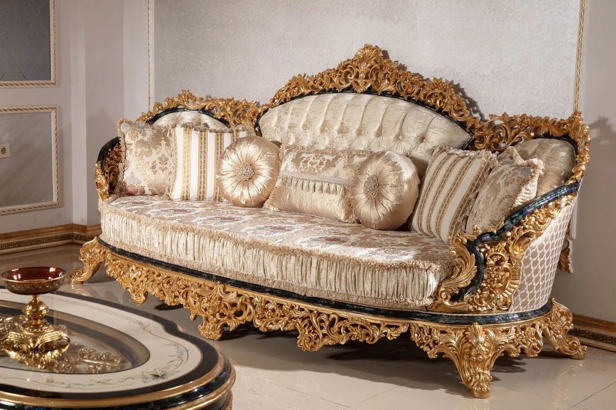 Luxury Baroque Living Room Set Gold / White / Blue / Gold - 2 Sofas & 2 Armchairs & 1 Coffee Table & 2 Side Tables - Handcrafted Living Room Furniture in Baroque Style - Noble & Magnificent