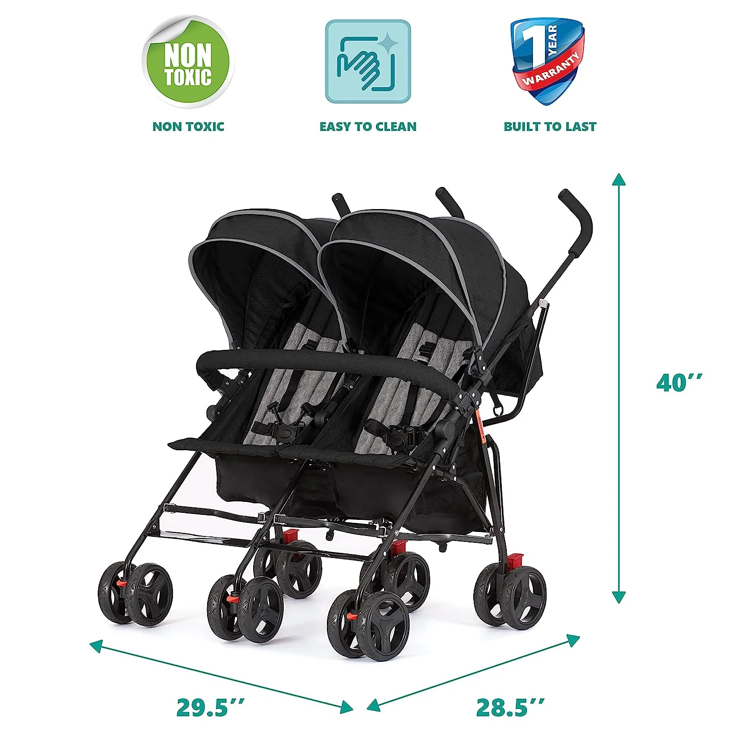 Zwillings-Regenschirm-Kinderwagen in Mint, leichter Doppel-Kinderwagen für Säuglinge und Kleinkinder, kompakt, einfach zusammenklappbar, großer Aufbewahrungskorb, großes und verstellbares Verdeck