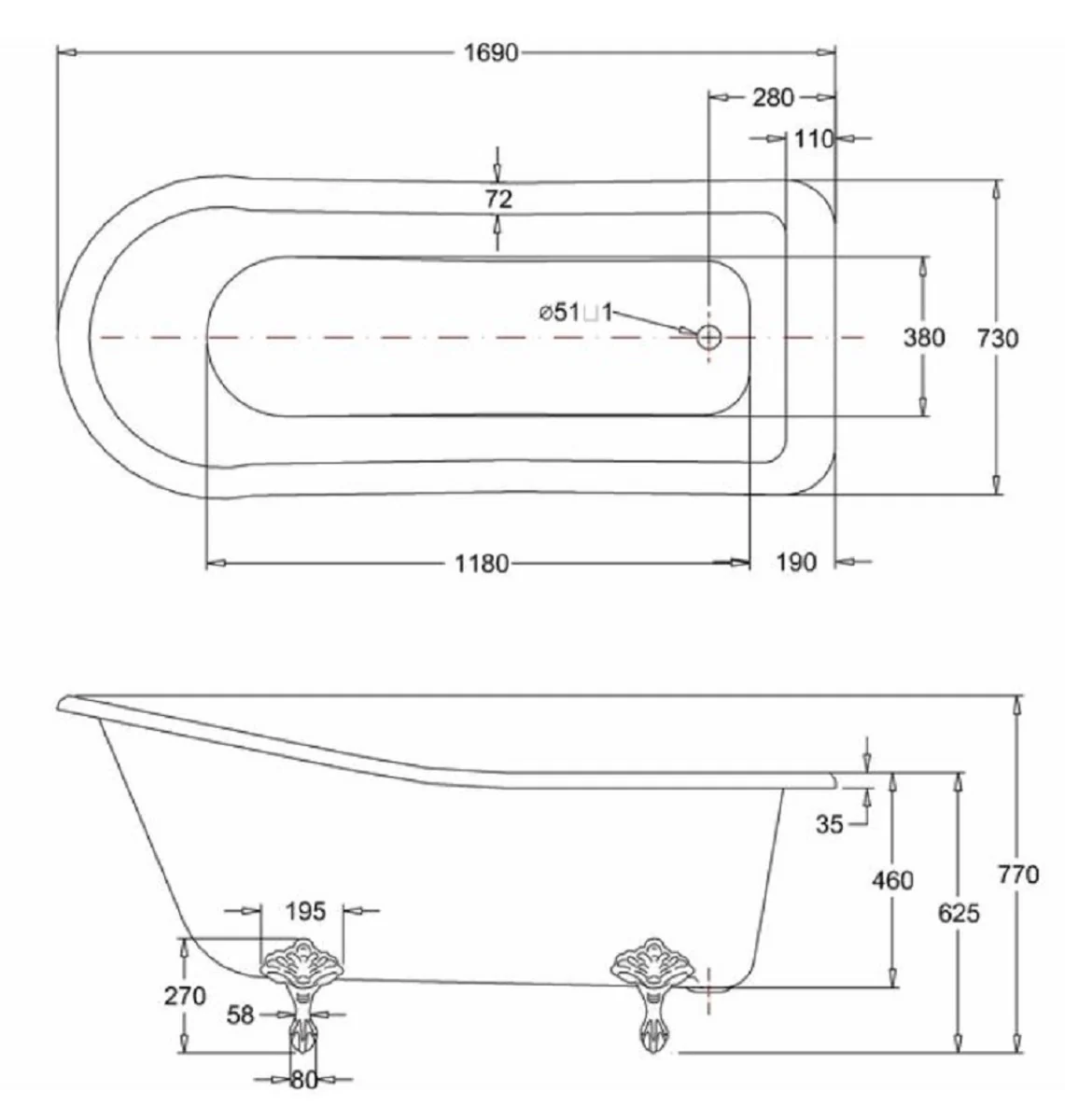 Luxury Art Nouveau bathtub white / silver 169 x 73 x H. 77 cm - Freestanding retro acrylic bathtub - Retro bathroom furniture