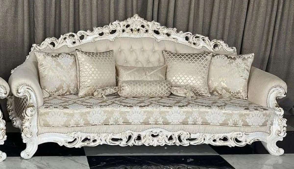 Luxury Baroque Living Room Set Cream / White / Gold - 2 Baroque Sofas & 2 Baroque Armchairs & 1 Baroque Coffee Table - Luxury Living Room Furniture in Baroque Style - Baroque Furniture - Noble & Magnificent