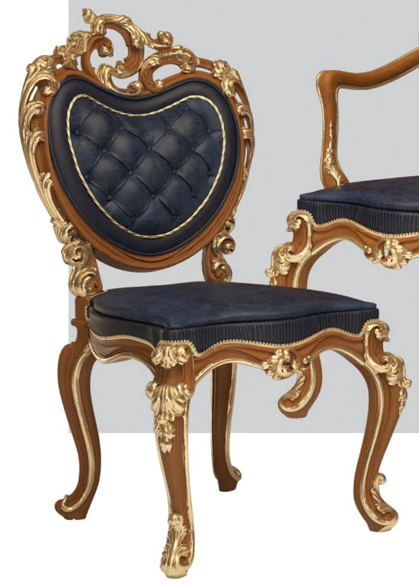Luxury Baroque Dining Room Chair Set Dark Blue / Brown / Gold 57 x 62 x H. 105 cm - Magnificent Kitchen Chairs Set of 4 - Hotel Restaurant Castle Furniture - Luxury Quality - Made in Italy