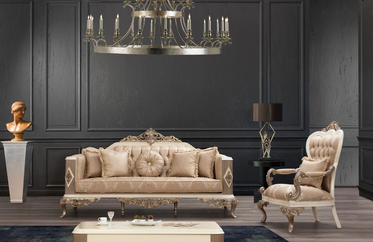 Luxury Baroque Sofa Brown / Silver / White / Brown / Gold 234 x 93 x H. 124 cm - Magnificent handmade living room sofa with decorative pillows - Baroque living room furniture