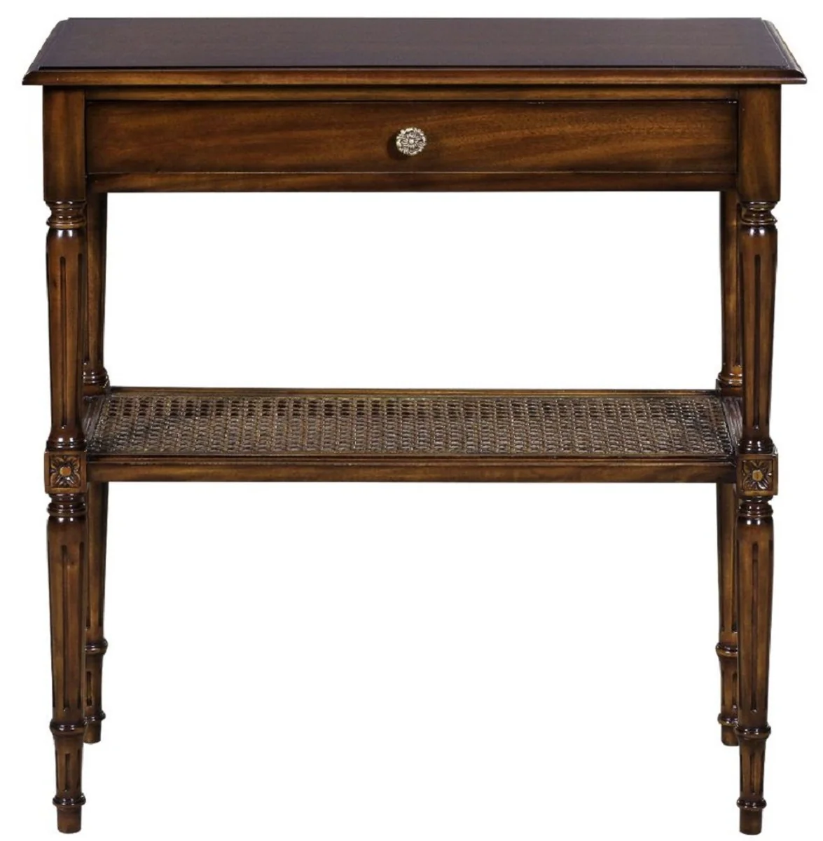 Luxury Art Nouveau bedside table brown 71 x 28 x H. 76 cm - Elegant solid wood bedside table - Side table with drawer and rattan shelf - Bedroom furniture