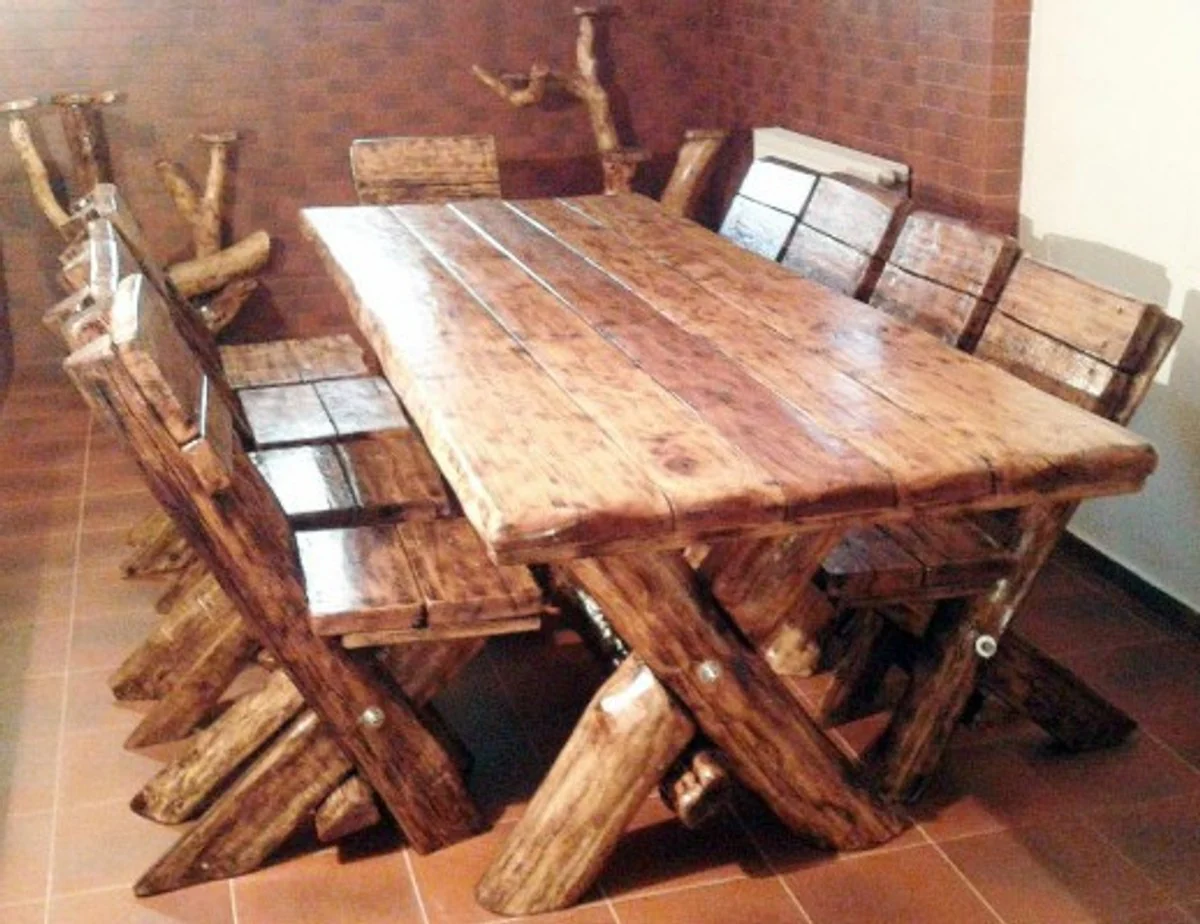 Dining room set rustic - table + 6 chairs - solid oak wood - real wood furniture solid castle furniture